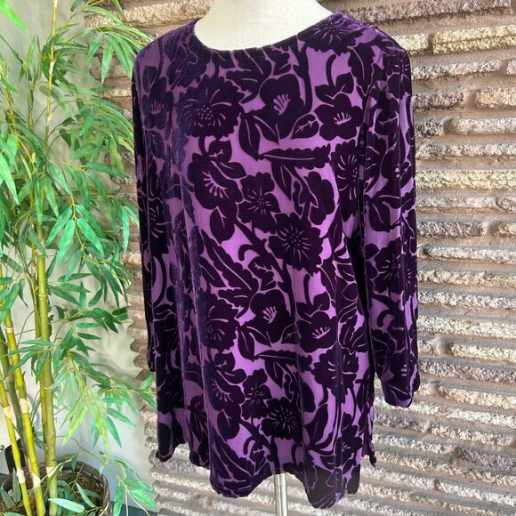 Silk Lore Beth Terrell Purple Velvet Burnout Floral Tunic Top Size 1X - Picture 5 of 7